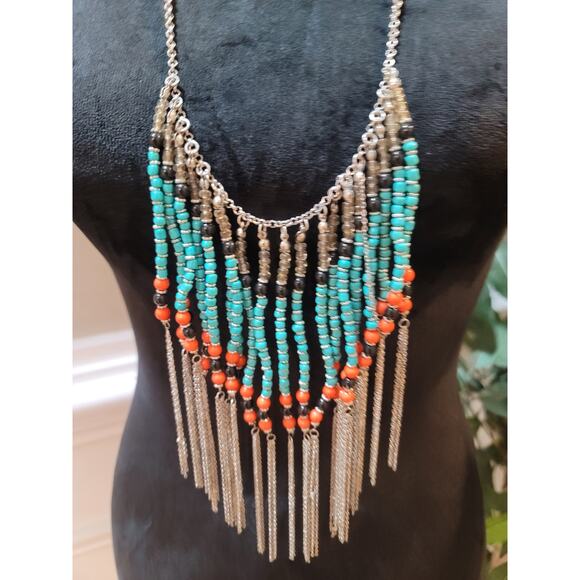 Womens Bohemian Beaded Statement Necklace With Turquoise Coral And Lobster Clasp - Picture 3 of 5